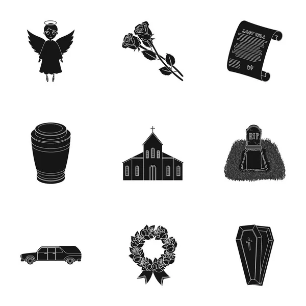 Beerdigungszeremonie, Friedhof, Särge, priest.Beerdigungszeremonie Symbol in Set Sammlung auf schwarzer Stil Vektor Symbol Stock Illustration. — Stockvektor