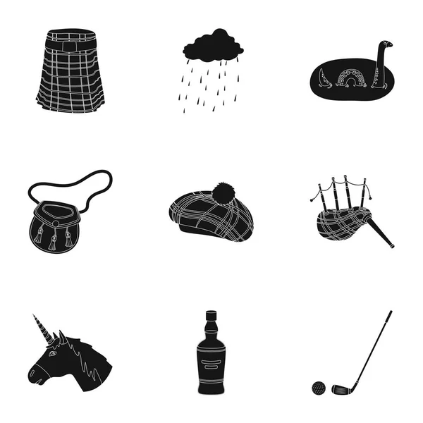 Nationalsymbole Schottlands. Schottische Attraktionen. Schottland Land Ikone in Set Sammlung auf schwarzem Stil Vektor Symbol Stock Illustration. — Stockvektor