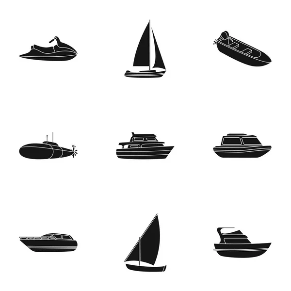 Морской транспорт, лодки, корабли. Транспортировать людей, грозы. Иконка "Корабль и водный транспорт" в наборе на черном стиле . — стоковый вектор