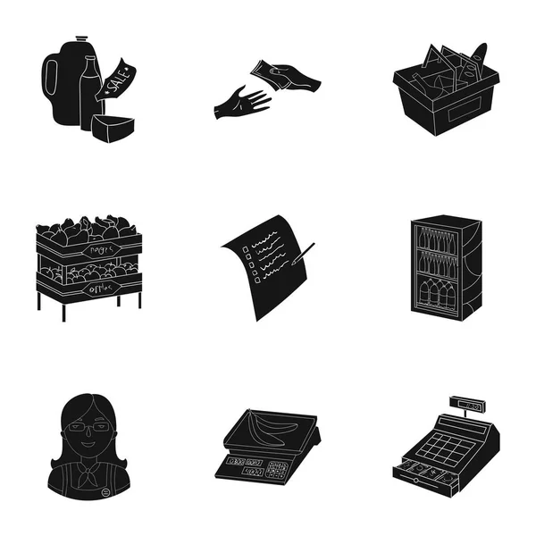 Supermarket, shopping in the store. A selection of pictures on the topic of shopping.Supermarket icon in set collection on black style vector symbol stock illustration. — Stock Vector