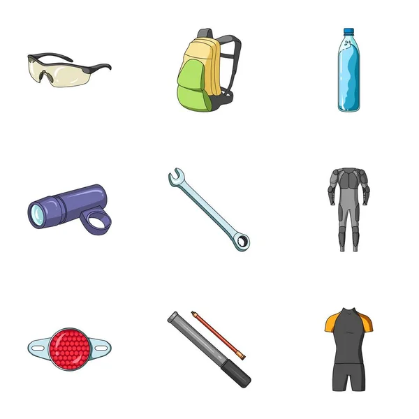 Iconos de Ciclismo, bicicleta. Set para bicicleta, protección mochila, reparación, forma. Icono de traje de ciclista en colección de conjunto en la ilustración de stock de símbolo de vector de estilo de dibujos animados . — Archivo Imágenes Vectoriales