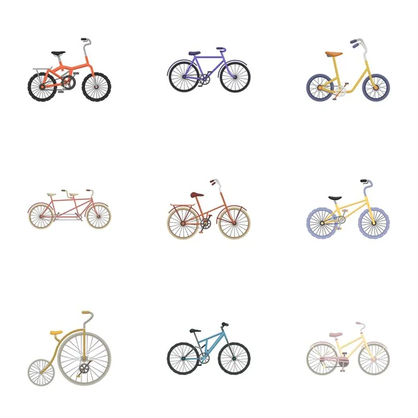 Συλλογή σε ποδήλατα με διαφορετικούς τροχούς και τα πλαίσια. Διαφορετικά Ποδήλατα σπορ και περιπάτους. Το εικονίδιο διαφορετικών ποδηλάτων σε σύνολο συλλογή σε κινούμενα σχέδια σύμβολο μετοχής εικονογράφηση φορέα στυλ. — Διανυσματικό Αρχείο