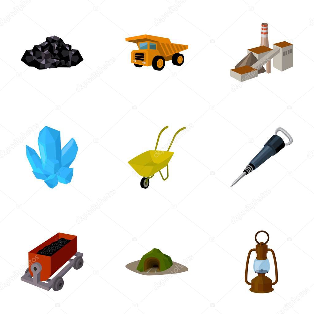 Set of icons about the mine. The extraction of coal, minerals, protection of the miners. Processing of coal.Mine industral icon in set collection on cartoon style vector symbol stock illustration.