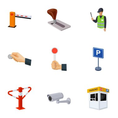 Park araba ve bisiklet için simgeler kümesi. Para cezaları ve park unsurları. Karikatür tarzı vektör simge stok çizim üzerinde set koleksiyonundaki bölge simgesi otopark.