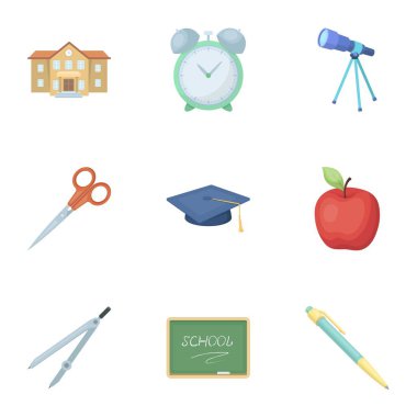 Okul hakkında resimleri set. Eğitim çalışma. Okul için malzemeleri. Öğrenci kıyafeti. Karikatür tarzı vektör simge stok çizim üzerinde küme koleksiyon içinde okul ve eduacation kutsal kişilerin resmi.