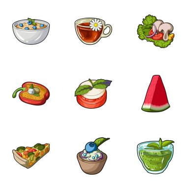 Resimler vejetaryenlik hakkında. Vejetaryen yemekleri, Gıda Vejetaryen. Sebze, meyve, ot, mantar. Vejetaryen yemekleri kutsal kişilerin resmi çizgi film tarzı vektör simge stok çizim üzerinde küme koleksiyon içinde.