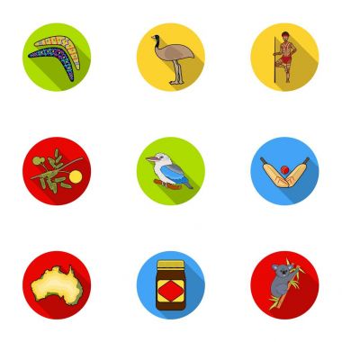 Avustralya'nın ulusal sembolleri. Avustralya Tema Web simgesi. Avustralya kutsal kişilerin resmi içinde düz stil vektör simge stok çizim üzerinde küme koleksiyon.
