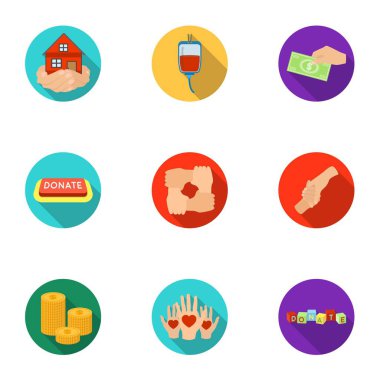 Yardım Vakfı. İnsanlar ve bağış yardım kutsal kişilerin resmi. Düz stil vektör simge stok çizim üzerinde küme koleksiyon sadaka ve bağış simgesini.