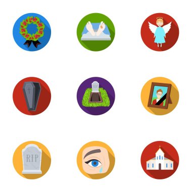 Cenaze töreni, mezarlık, tabut, rahip. Cenaze töreni simgesinde düz stil vektör simge stok çizim üzerinde küme koleksiyon.