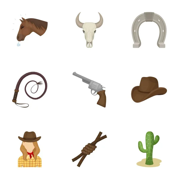 Um conjunto de fotos sobre cowboys. Cowboys no rancho, cavalos, armas, chicote.Ícone de rodeio na coleção de conjuntos em desenho animado estilo vetor símbolo estoque ilustração . —  Vetores de Stock