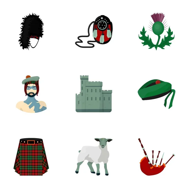 Símbolos nacionales de Escocia. Atracciones escocesas. Escocia icono del país en la colección de conjuntos de dibujos animados estilo vector símbolo stock ilustración . — Vector de stock