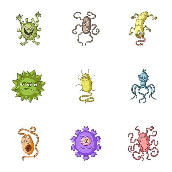 Um conjunto de fotos sobre bactérias e vírus. Germes que são prejudiciais aos seres humanos. vírus e bactérias ícone na coleção set em desenho animado estilo vetor símbolo estoque ilustração . — Vetor de Stock