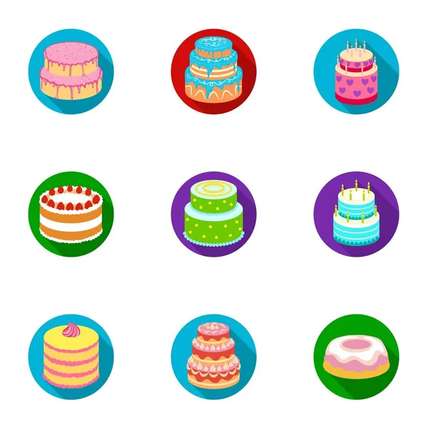 Торты на праздники. Набор разных сладостей. Красиво украшенные торты и кексы иконка в наборе коллекции на плоский стиль векторный фондовый иллюстрация . — стоковый вектор