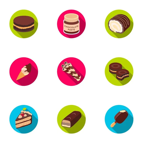 Un juego de dulces de chocolate. Productos de chocolate para la gente. Icono de postres de chocolate en colección de conjuntos en el estilo plano vector símbolo stock ilustración . — Archivo Imágenes Vectoriales