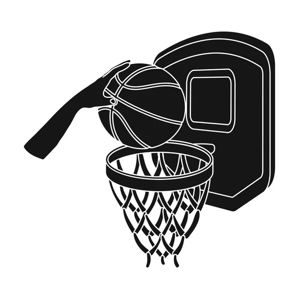 Mano con una pelota cerca de la cesta. icono de baloncesto único en el estilo negro vector símbolo stock ilustración web . — Vector de stock