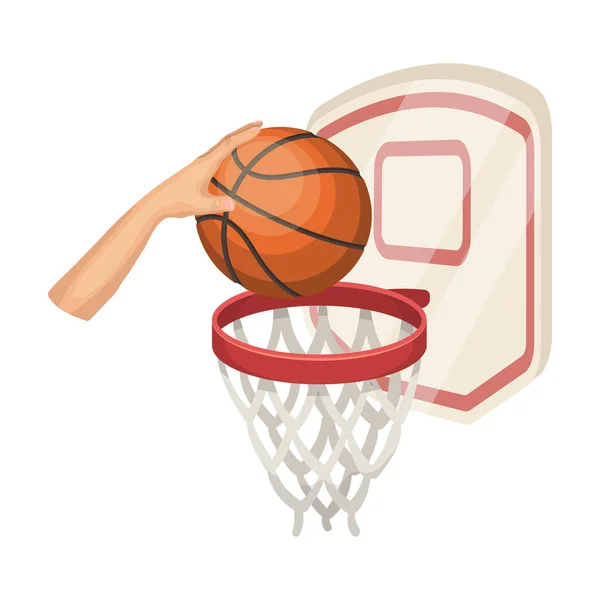 Mão com uma bola perto da cesta. Ícone único de basquete em desenho animado estilo vetor símbolo estoque ilustração web . — Vetor de Stock