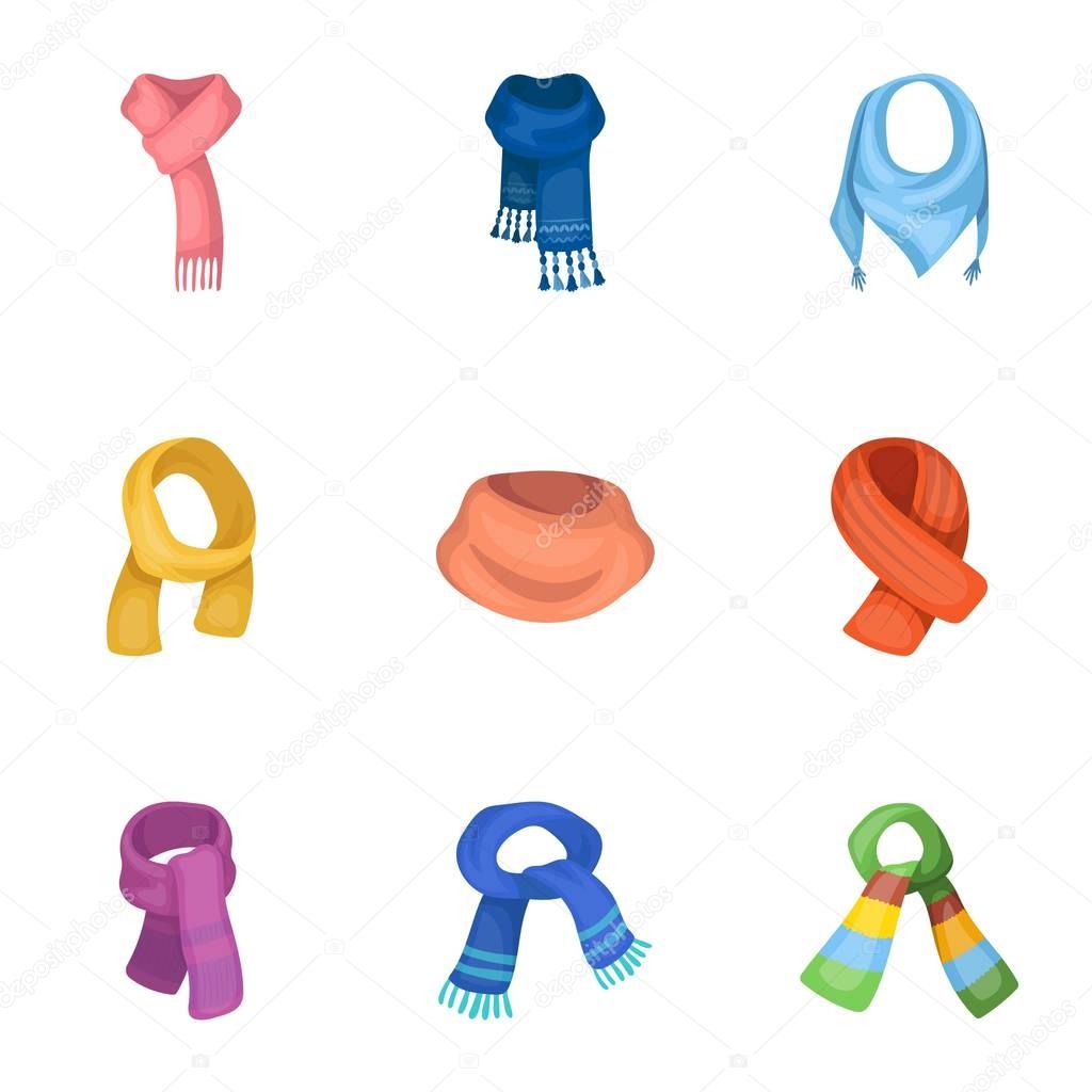 Beautiful woolen, silk-colored warm scarves of shawls. scarves and shawles icon in set collection on cartoon style vector symbol stock web illustration.