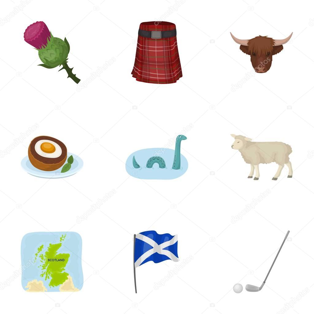 National symbols of Scotland. Scottish attractions. Scotland country icon in set collection on cartoon style vector symbol stock web illustration.