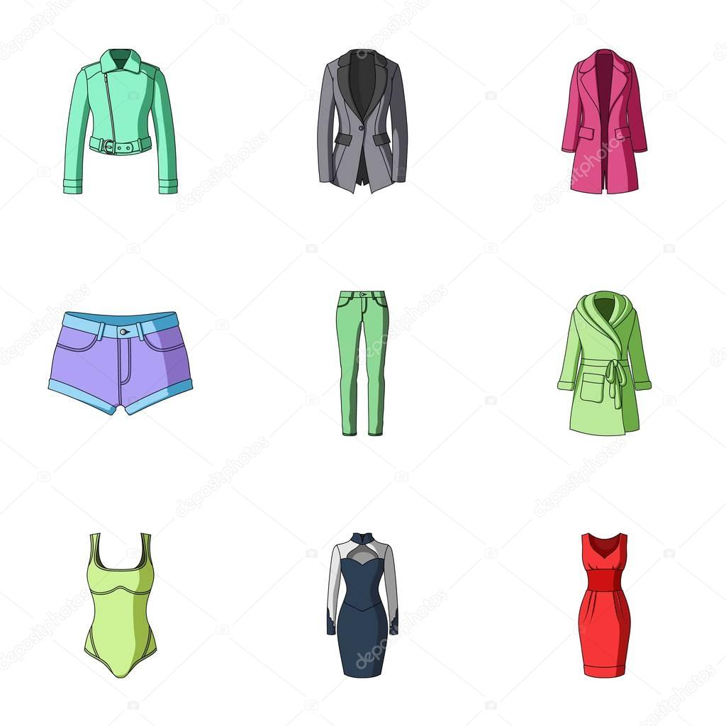 Collection of icons of womens clothing. Various womens clothes for work, walking, sports. Women clothing icon in set collection on cartoon style vector symbol stock web illustration.