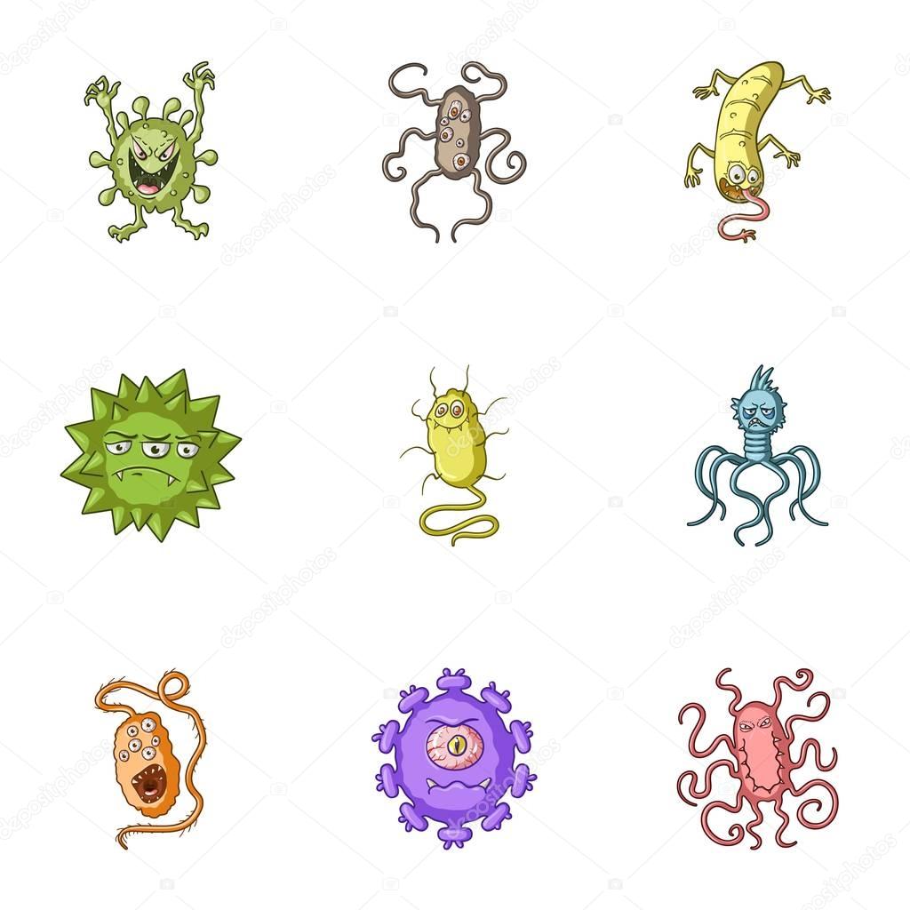 A set of pictures about bacteria and viruses. Germs that are harmful to humans. viruses and bacteria icon in set collection on cartoon style vector symbol stock web illustration.