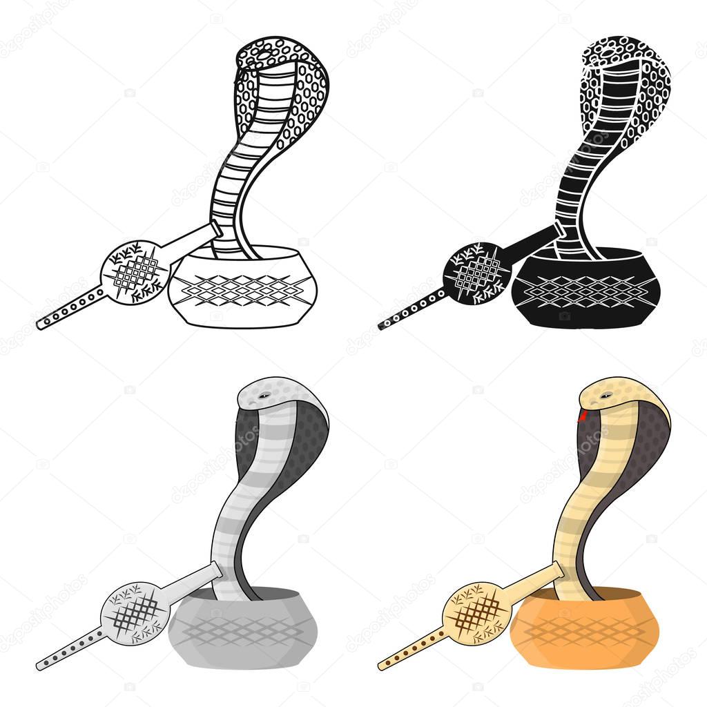 Snake and pungi icon in cartoon style isolated on white background. India symbol stock vector illustration.