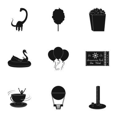 Eğlence parkı ile gidiyor. Bir eğlence parkı, panik odası, pamuk şeker öznitelikleri. Eğlence Parkı simge siyah stil vektör simge stok çizim üzerinde set koleksiyonu.