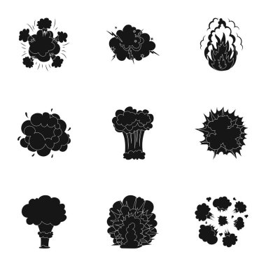 Simgeleri patlama hakkında bir dizi. Çeşitli patlamalar, duman ve ateş bulutu. Patlamalar simge siyah stil vektör simge stok çizim üzerinde set koleksiyonu.
