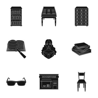 Kitaplarla simgeler kümesi. Kütüphane, okuma, kitapçı Seth. Kütüphane ve kitabevi simge siyah stil vektör simge stok çizim üzerinde küme koleksiyon içinde.