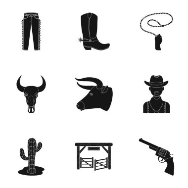 Kovboy resimleri kümesi. Kovboyların ranch, atları, silahları, kamçı. Rodeo simge siyah stil vektör simge stok çizim üzerinde set koleksiyonu.