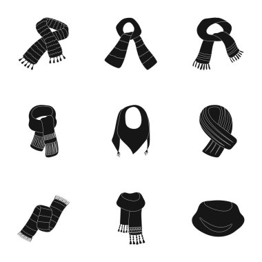.Güzel yün, ipek, ipek renkli sıcak eşarplar, şallar. eşarp ve shawles simge siyah stil kümesi koleksiyonundaki sembol stok illüstrasyon vektör.