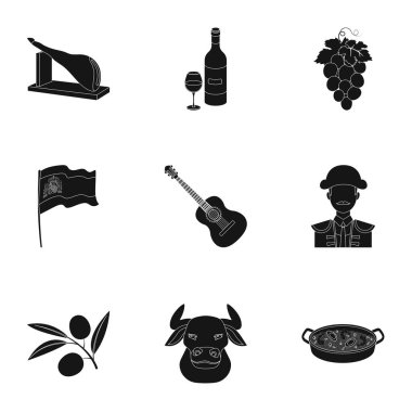 İspanya resimleri bir set. İspanya, Çingeneler, gitar, dansları görülecek. İspanya ülke simge siyah stil vektör simge stok çizim üzerinde set koleksiyonu.