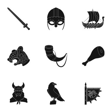 Eski savaşçılar Viking gemi. Kıyafet ve simge siyah stil kümesi koleksiyonundaki Vikings.Vikings simgesinin simge stok illüstrasyon vektör.