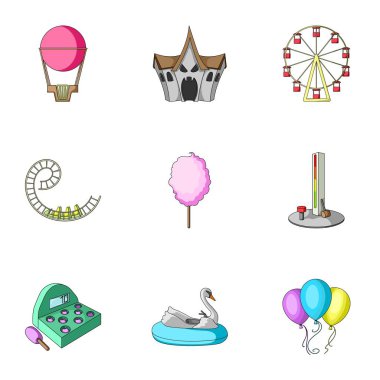 Eğlence parkı ile gidiyor. Bir eğlence parkı, panik odası, pamuk şeker öznitelikleri. Karikatür tarzı vektör simge stok çizim üzerinde küme koleksiyon simgesinde eğlence parkı.