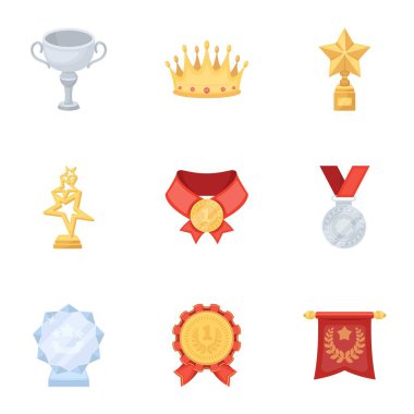 Ödülleri, altın madalya ve kupaları yarışmalar ve yarışmalarda ödül olarak. Karikatür tarzı vektör simge stok çizim üzerinde küme koleksiyon kupalar ve ödüller simgesini.