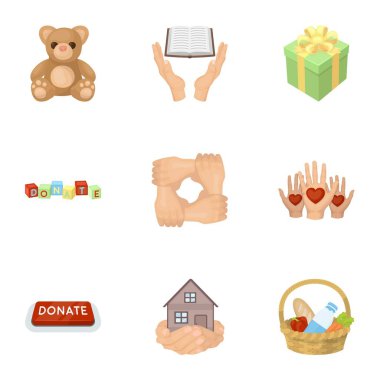 Charitable Foundation. Icons on helping people and donation.Charity and donation icon in set collection on cartoon style vector symbol stock illustration. clipart