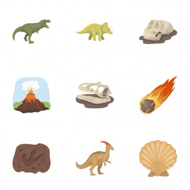 Antik soyu tükenmiş hayvanlar ve onların parça ve kalır. Dinozorlar, tyrannosaurs, pnictosaurs. Dinisaurs ve karikatür tarzı vektör üzerinde küme koleksiyon baktıkları simgesinde hisse senedi illüstrasyon simgesi.
