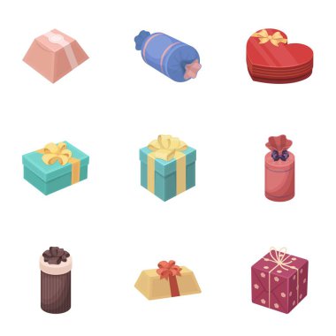 Bir dizi fotoğraf hediyeler. Farklı tatil, sürpriz hediyeler. Hediye paketleme. Hediyeler ve sertifika simge karikatür tarzı vektör üzerinde küme koleksiyon içinde hisse senedi illüstrasyon simgesi.