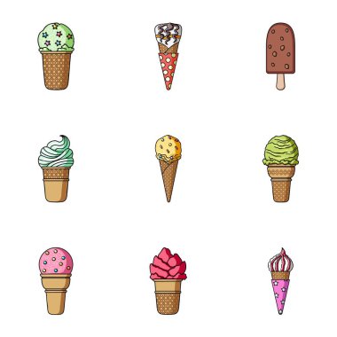 Yaz tatlılar dondurma. Buz, meyve, süt. Buz creamicon karikatür tarzı vektör simge stok çizim üzerinde set koleksiyonu.