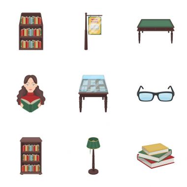 Kitaplarla simgeler kümesi. Kütüphane, okuma, kitapçı Seth. Karikatür tarzı vektör simge stok çizim üzerinde küme koleksiyon kitaplık ve kitabevi simgesini.