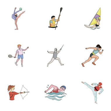 Olimpik spor. Kış ve yaz spor. Resimleri sporcular hakkında bir set. Karikatür tarzı vektör simge stok çizim üzerinde küme koleksiyon simgesinde olimpik spor.