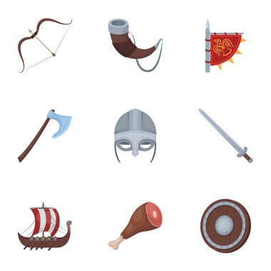 Eski savaşçılar Viking gemi. Kıyafet ve karikatür tarzı vektör üzerinde küme koleksiyon Vikings.Vikings simgesinde sembollerin hisse senedi illüstrasyon simgesi.