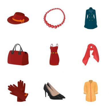 Resimleri Bayan giyim türleri hakkında. Dış Giyim ve iç çamaşırı kadın ve kız için. Kadın giysileri simgesinde karikatür tarzı vektör simge stok çizim üzerinde küme koleksiyon.