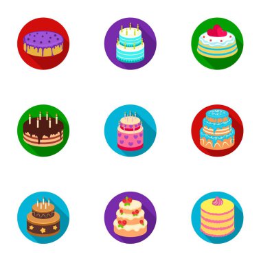 Kek için belgili tanımlık tatil. Bir dizi farklı tatlılar. Güzel dekore edilmiş Pastalar ve kekler. Düz stil vektör simge stok çizim üzerinde küme koleksiyon simgesinde kek.