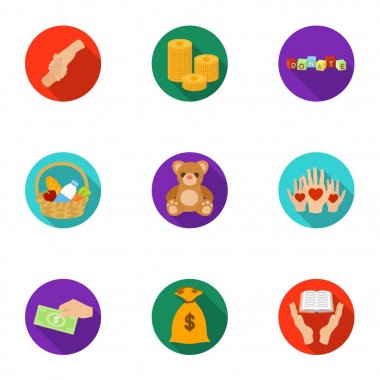 Yardım Vakfı. İnsanlar ve bağış yardım kutsal kişilerin resmi. Düz stil vektör simge stok çizim üzerinde küme koleksiyon sadaka ve bağış simgesini.