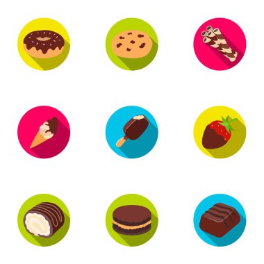 Çikolatalı tatlılar kümesi. Çikolata ürünleri insanlar için. Düz stil vektör simge stok çizim üzerinde küme koleksiyon simgesinde çikolata tatlılar.
