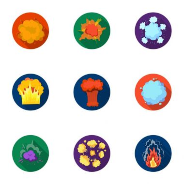 Simgeleri patlama hakkında bir dizi. Çeşitli patlamalar, duman ve ateş bulutu. Düz stil vektör simge stok çizim üzerinde küme koleksiyon simgesinde patlamalar.
