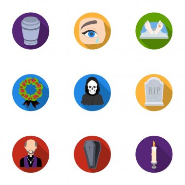 Cenaze töreni, mezarlık, tabut, rahip. Cenaze töreni simgesinde düz stil vektör simge stok çizim üzerinde küme koleksiyon.