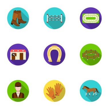 Yarışları at sırtında, Hipodrom. Yarış ve biniciler teçhiz at. Düz stil vektör simge stok çizim üzerinde küme koleksiyon Hipodrom ve at simgesini.