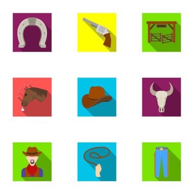 Kovboy resimleri kümesi. Kovboyların ranch, atları, silahları, kamçı. Rodeo kutsal kişilerin resmi içinde düz stil vektör simge stok çizim üzerinde küme koleksiyon.