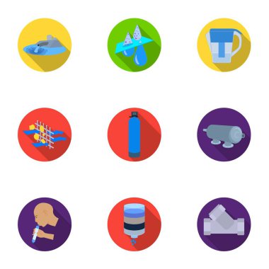 Su konulu simgeler kümesi. Su dünyada en önemli şey. düz stil vektör simge stok çizim üzerinde küme koleksiyon içindeki su filtrasyon simgesini.